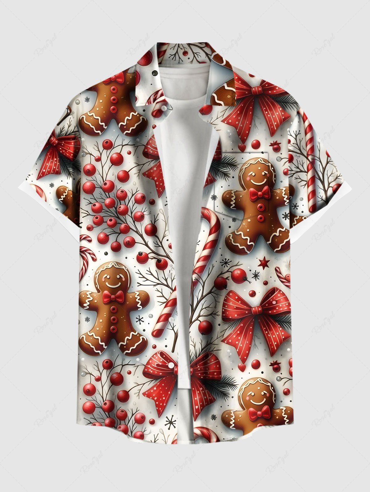 Chemise de Noël grande taille à imprimé pain d'épices, bonbons, houx, fruits, nœud papillon, flocon de neige, boutons, poche pour homme Rouge S
