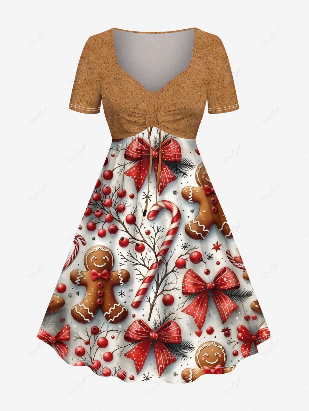 Sale Plus Size Christmas Gingerbread Candy Holly Fruit Bowknot Snowflake Print Cinched Dress  