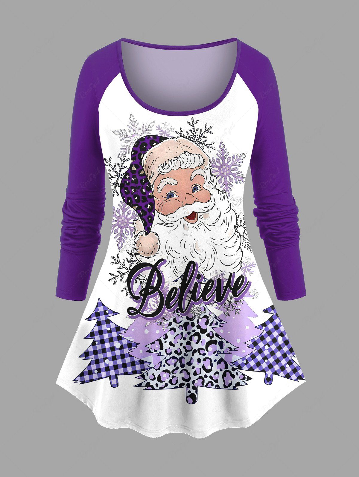 T-shirt grande taille à imprimé sapin de Noël, léopard, Père Noël, flocon de neige Pourpre  XS
