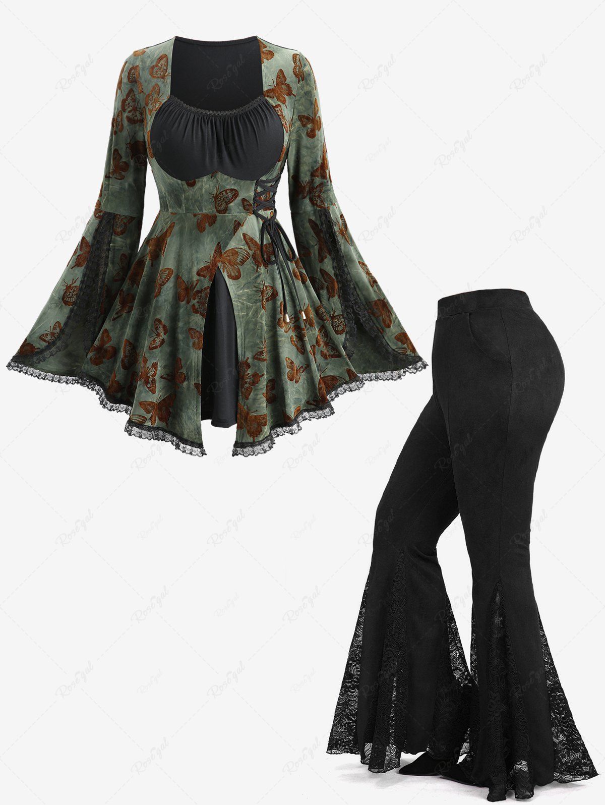 Trendy Butterfly Flocking Lace-up Waist Flare Sleeves Top and Floral Lace Patchwork Flare Pants Plus Size Outfit  