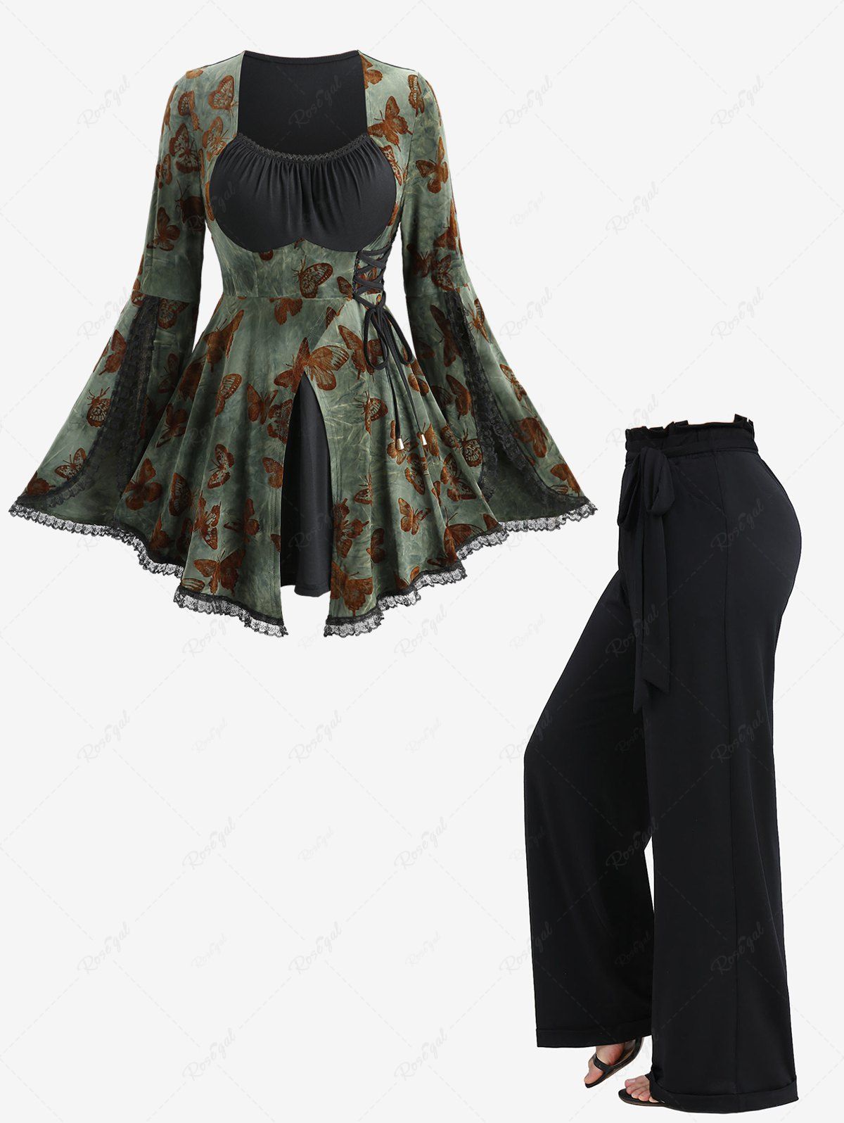 Fancy Butterfly Flocking Lace-up Waist Flare Sleeves Top and Solid Color Ruffles Wide Leg Pants Plus Size Outfit  