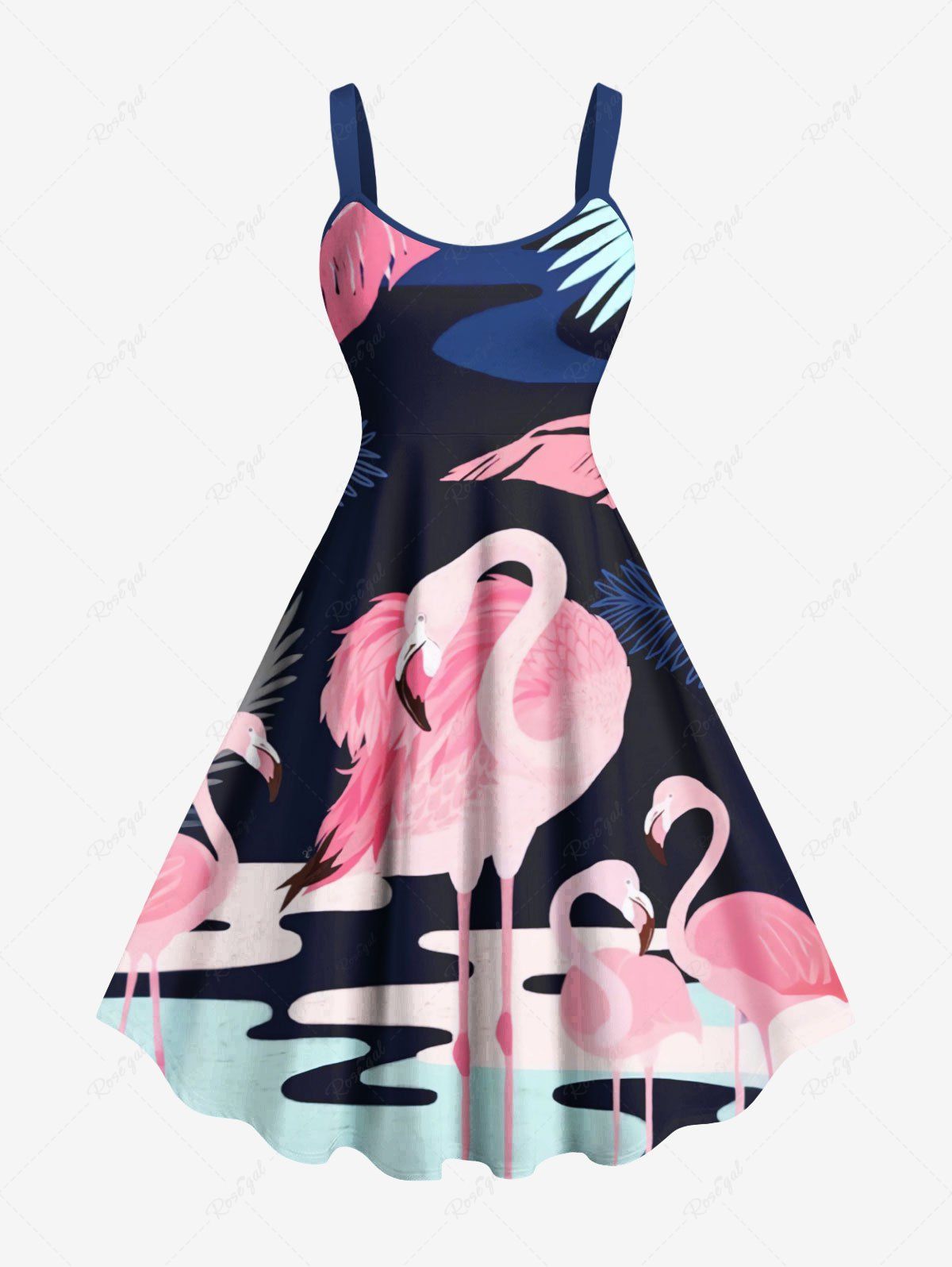 Robe débardeur grande taille à imprimé flamants roses et feuilles tropicales, style hawaïen Bleu Marine XXS