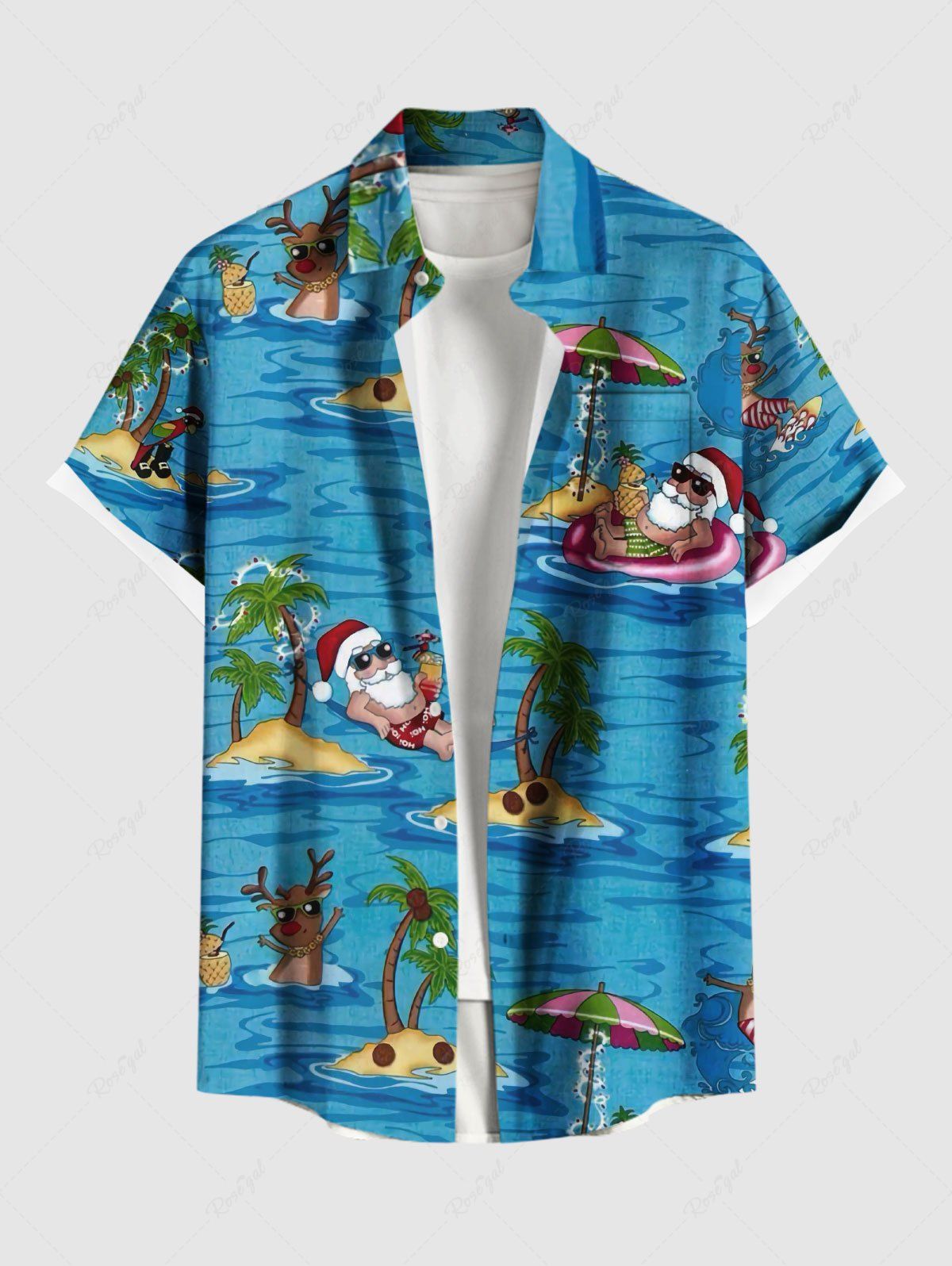 Discount Plus Size Christmas Hat Elk Santa Claus Coconut Tree Seascape Print Hawaii Button Pocket Shirt For Men  