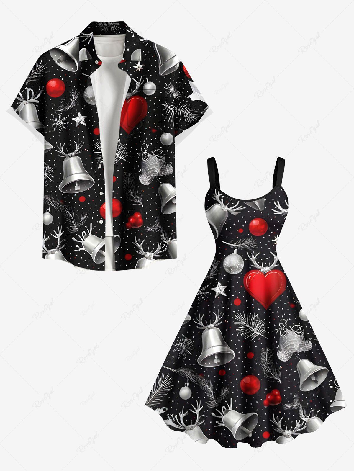 Tenue assortie grande taille pour couple avec boule de Noël, élan, cloche, cœur, galaxie Noir 