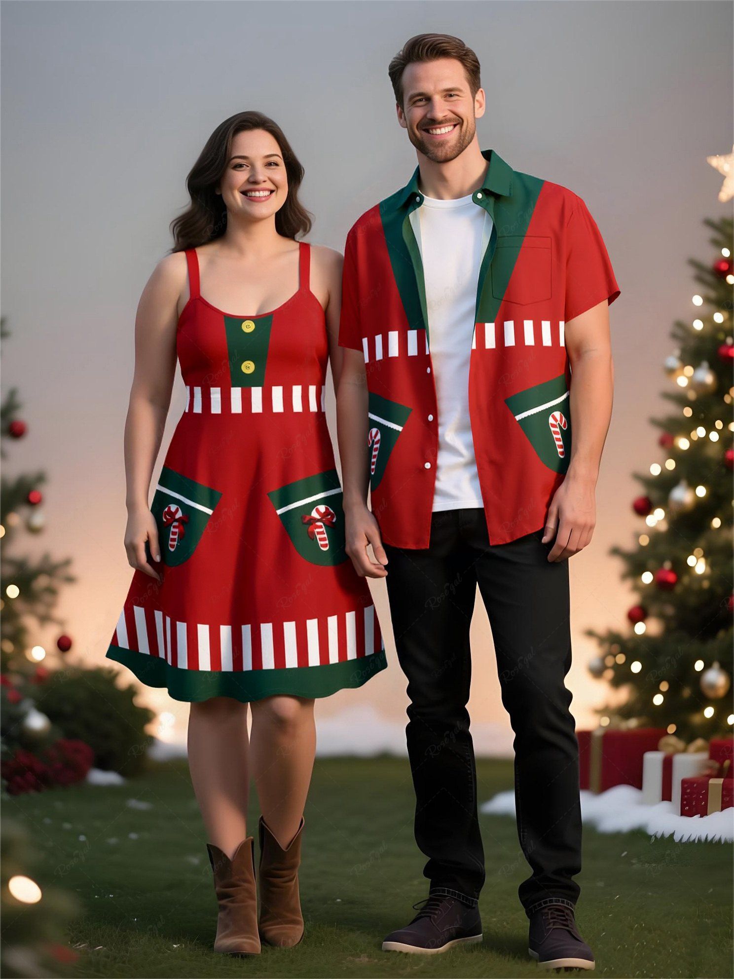 Costume de Père Noël imprimé bonbons, grande taille, tenue assortie pour couples Rouge 