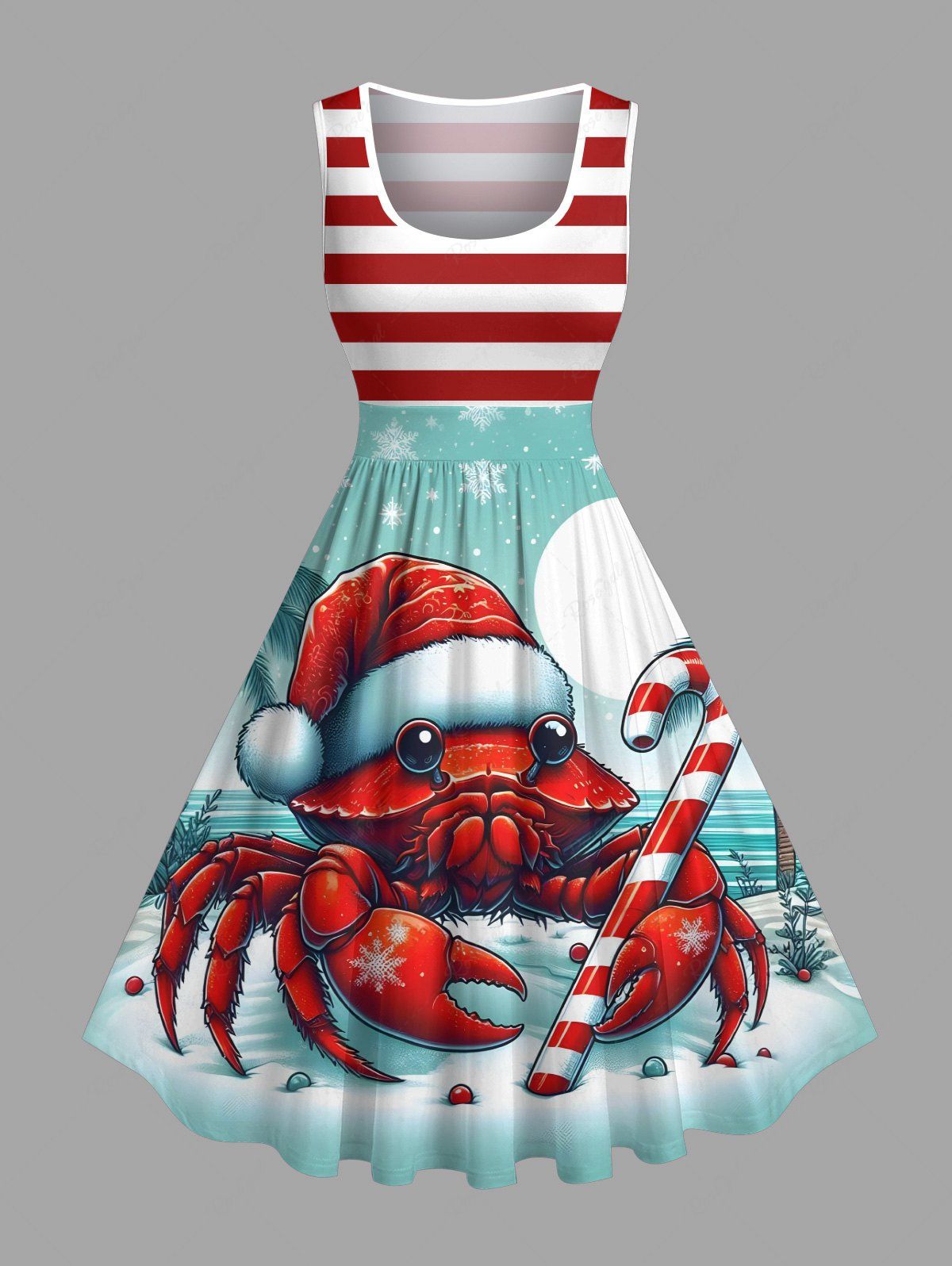 Shop Plus Size Christmas Hat Snowflake Moon Crab Candy Coconut Tree Striped Print Vintage Swing A Line Dress  