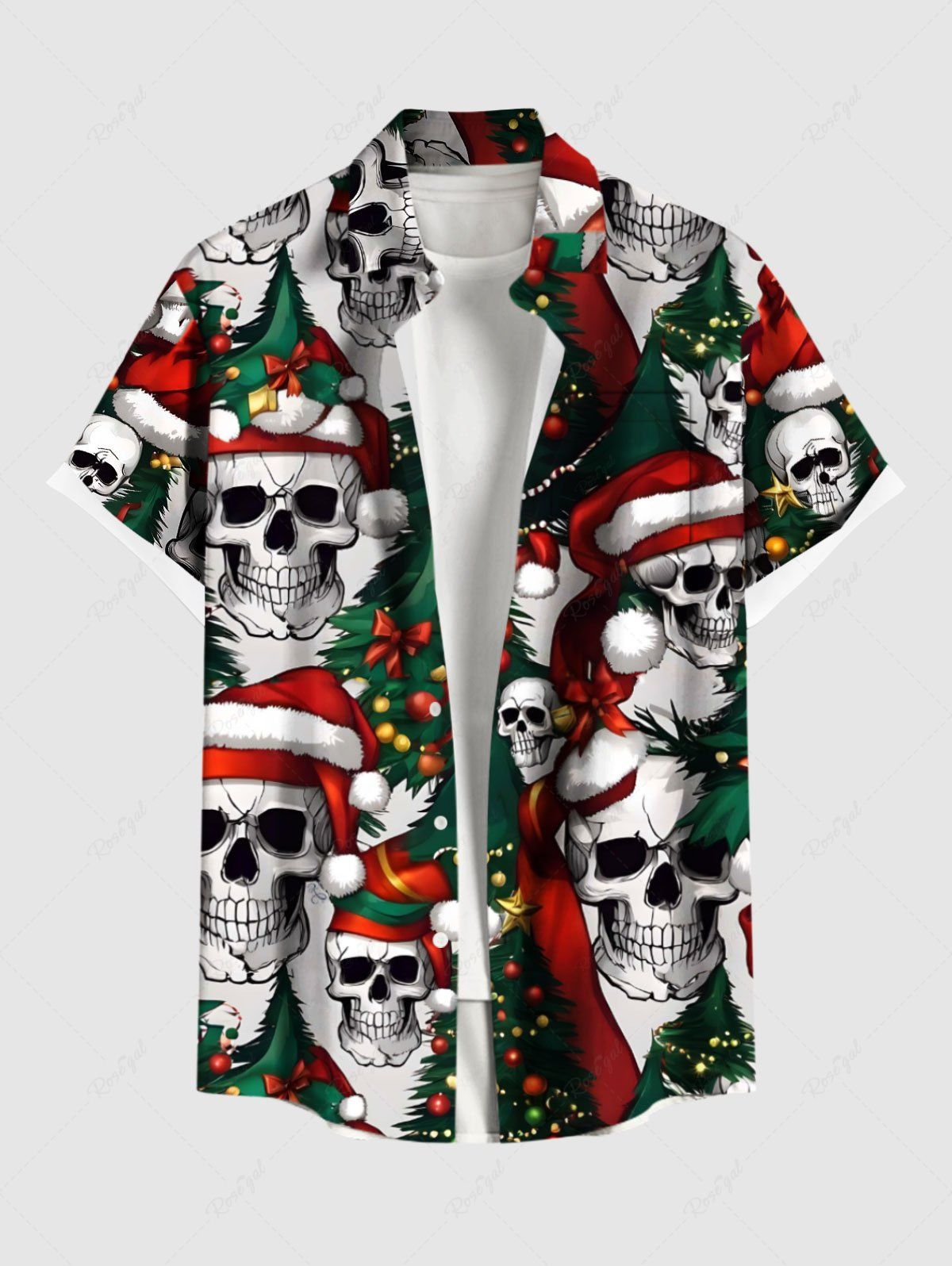 Chemise à poches boutonnées avec chapeau de Noël et imprimé tête de mort pour hommes (grandes tailles) Noir S
