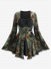 Butterfly Flocking Lace-up Waist Flare Sleeves Top and Floral Lace Patchwork Flare Pants Plus Size Outfit -  