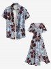 Tenue de plage hawaïenne assortie grande taille à imprimé cocotier et fleurs d'hibiscus pour couples - Bleu Poudre 