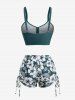 Flower Leaf Print Cinched Boyleg Tankini Swimsuit (Adjustable Shoulder Strap) -  