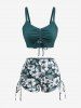 Flower Leaf Print Cinched Boyleg Tankini Swimsuit (Adjustable Shoulder Strap) -  