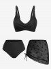 Skull Star Flocking Cinched Crossover Backless Three Piece Bikini Set -  