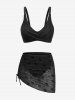 Skull Star Flocking Cinched Crossover Backless Three Piece Bikini Set -  