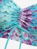 Mermaid Scale Print Cinched Three Piece Tankini Swimsuit -  