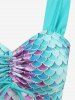 Mermaid Scale Print Cinched Three Piece Tankini Swimsuit -  