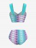 Mermaid Scale Print Cinched Three Piece Tankini Swimsuit -  