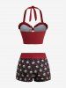 Skull Crow Print Bowknot Ruffles Halter Boyleg Tankini Swimsuit -  