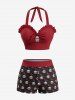 Skull Crow Print Bowknot Ruffles Halter Boyleg Tankini Swimsuit -  