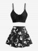 Skull Star Moon Print Cinched Bowknot Tied Tankini Swimsuit -  