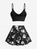 Skull Star Moon Print Cinched Bowknot Tied Tankini Swimsuit -  