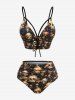 Skulls Mushroom Print Lace Up Panel Ruched Tankini Swimsuit -  
