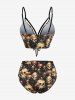 Skulls Mushroom Print Lace Up Panel Ruched Tankini Swimsuit -  