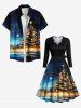Plus Size Christmas Tree Star Galaxy Print Scalloped V Neck Dress With A Belt -  