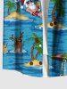 Plus Size Christmas Hat Elk Santa Claus Coconut Tree Seascape Print Hawaii Button Pocket Shirt For Men -  