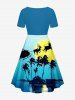 Robe trapèze cintrée grande taille à imprimé hawaïen, motif élan, père Noël, cocotier, lune et mer - Bleu Ciel XXS