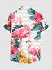 Plus Size Tropical Leaf Hibiscus Flower Flamingo Zig Zag Print Hawaii Button Pocket Shirt For Men -  