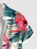 Plus Size Tropical Leaf Hibiscus Flower Flamingo Zig Zag Print Hawaii Button Pocket Shirt For Men -  
