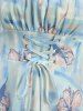 Flowers Plaid Print Lace Up Waist Ruffles Ruched Puff Sleeves Dress -  