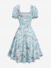 Flowers Plaid Print Lace Up Waist Ruffles Ruched Puff Sleeves Dress -  