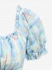 Flowers Plaid Print Lace Up Waist Ruffles Ruched Puff Sleeves Dress -  