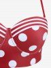 Plus Size Polka Dot Striped Print Ruched Button Tankini Swimsuit (Adjustable Shoulder Strap) -  
