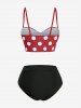 Plus Size Polka Dot Striped Print Ruched Button Tankini Swimsuit (Adjustable Shoulder Strap) -  