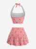 Plus Size Plaid Bowknot Print Lace Up Split Halter Tankini Swimsuit -  