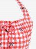 Plus Size Plaid Bowknot Print Lace Up Split Halter Tankini Swimsuit -  