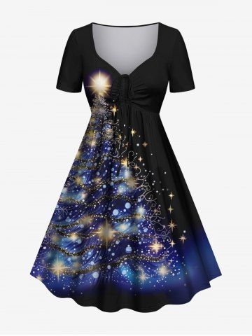 Plus Size Christmas Tree Star Glitter 3D Print Cinched Dress - BLACK - XXS