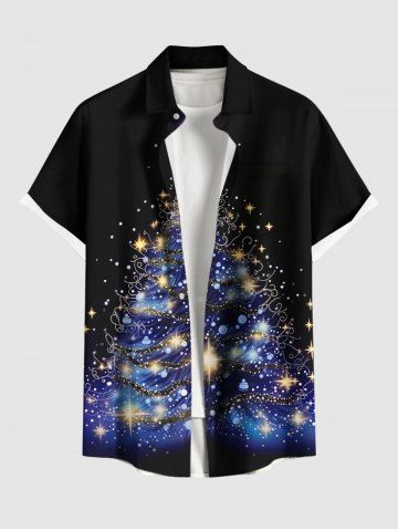 Plus Size Christmas Tree Star Glitter 3D Print Buttons Pocket Shirt For Men - BLACK - 4XL