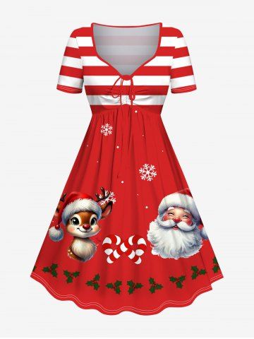 Plus Size Christmas Santa Claus Elk Snowflake Holly Fruit Stripes Print Cinched Dress - RED - 6X