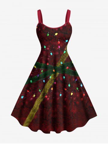Plus Size Christmas Light Plaid Ribbons Bowknot 3D Print Tank Dress - RED WINE - S