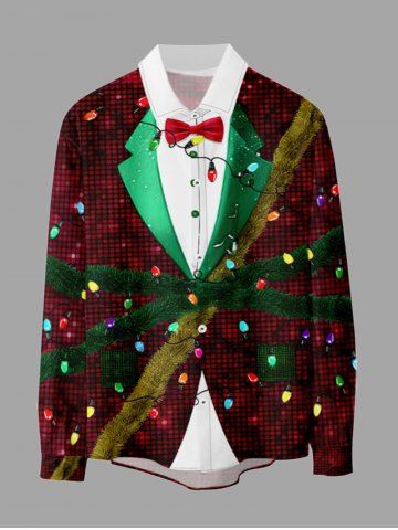 Plus Size Christmas Light Plaid Ribbons Bowknot Lapel Collar 3D Print Buttons Pocket Shirt For Men - RED - 8XL
