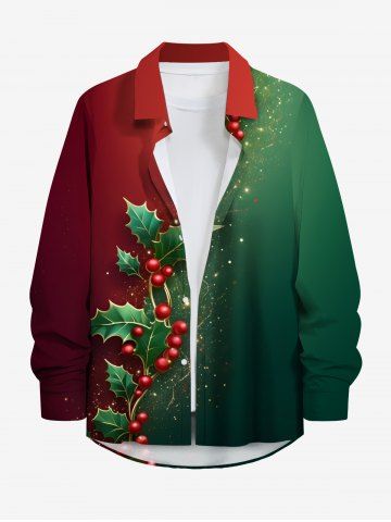 Plus Size Christmas Holly Fruit Leaf Colorblock Glitter 3D Print Buttons Pocket Shirt For Men - GREEN - 3XL