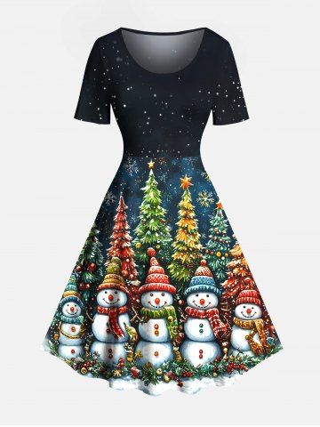 Plus Size Christmas Tree Snowman Snowflake Galaxy Print Vintage Dress - BLACK - 3X
