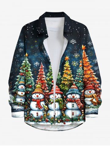 Plus Size Christmas Tree Snowman Snowflake Galaxy Print Buttons Pocket Long Sleeves Shirt For Men - BLACK - 8XL