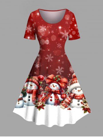 Plus Size Christmas Snowman Snowflake Colorblock Print Vintage Dress - RED - S