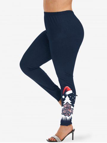 Plus Size Christmas Tree Hat Stars Print Leggings - NAVY BLUE - S