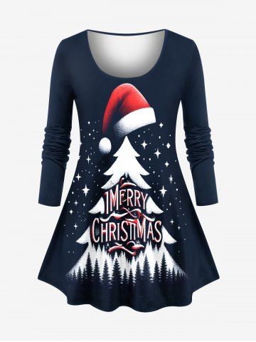 Plus Size Christmas Tree Hat Stars Print Long Sleeves T-shirt - NAVY BLUE - 2X