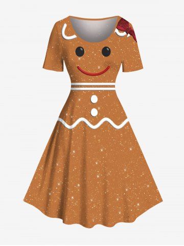 Plus Size Christmas Gingerbread Print A Line Dress - LIGHT BROWN - 5X